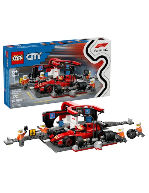 Lego Parada en Pits de F1 y Equipo de Mecánicos con Auto Ferrari 60443 City