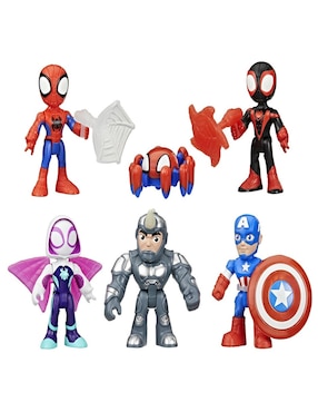 Set figuras acción articulada Spidey and His Amazing Friends Miles "Spin" Morales, Trace-E, Spidey, Captain America, Rhino y Ghost-Spider