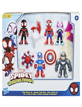 Set figuras acción articulada Spidey and His Amazing Friends Miles "Spin" Morales, Trace-E, Spidey, Captain America, Rhino y Ghost-Spider